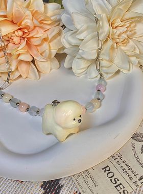 StarryCat原创自制小狗吊坠可爱百搭卡通ins奶白小比熊不锈钢项链