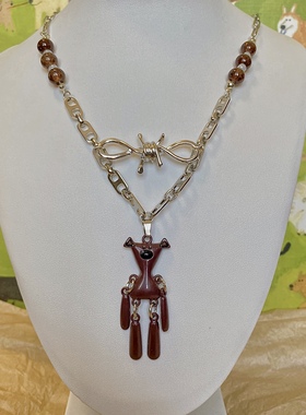 StarryCat原创小熊吊坠项链ins嘻哈憨豆先生泰迪熊长款钛钢毛衣链