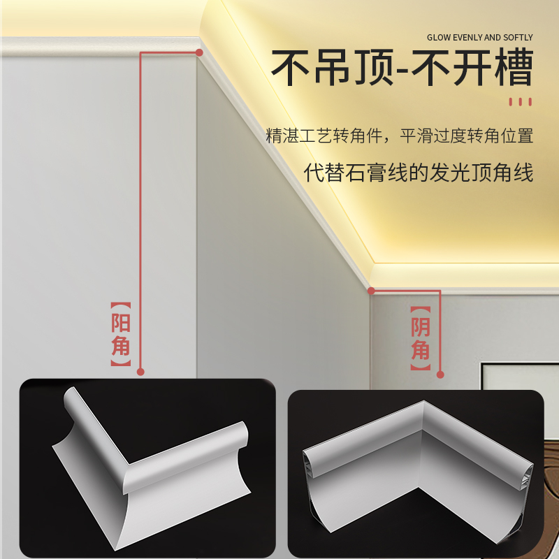 室内明装洗墙灯带回光石膏免吊顶反光灯槽客厅顶角线灯洗顶线灯条 - 图0