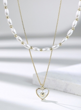 Favorite小香风轻奢爱心贝母珍珠项链女高级感复古甜美叠戴锁骨链