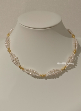 ISLA孤岛进口施家珍珠三层编织渐变复古法式项链锁骨链毛衣链颈链