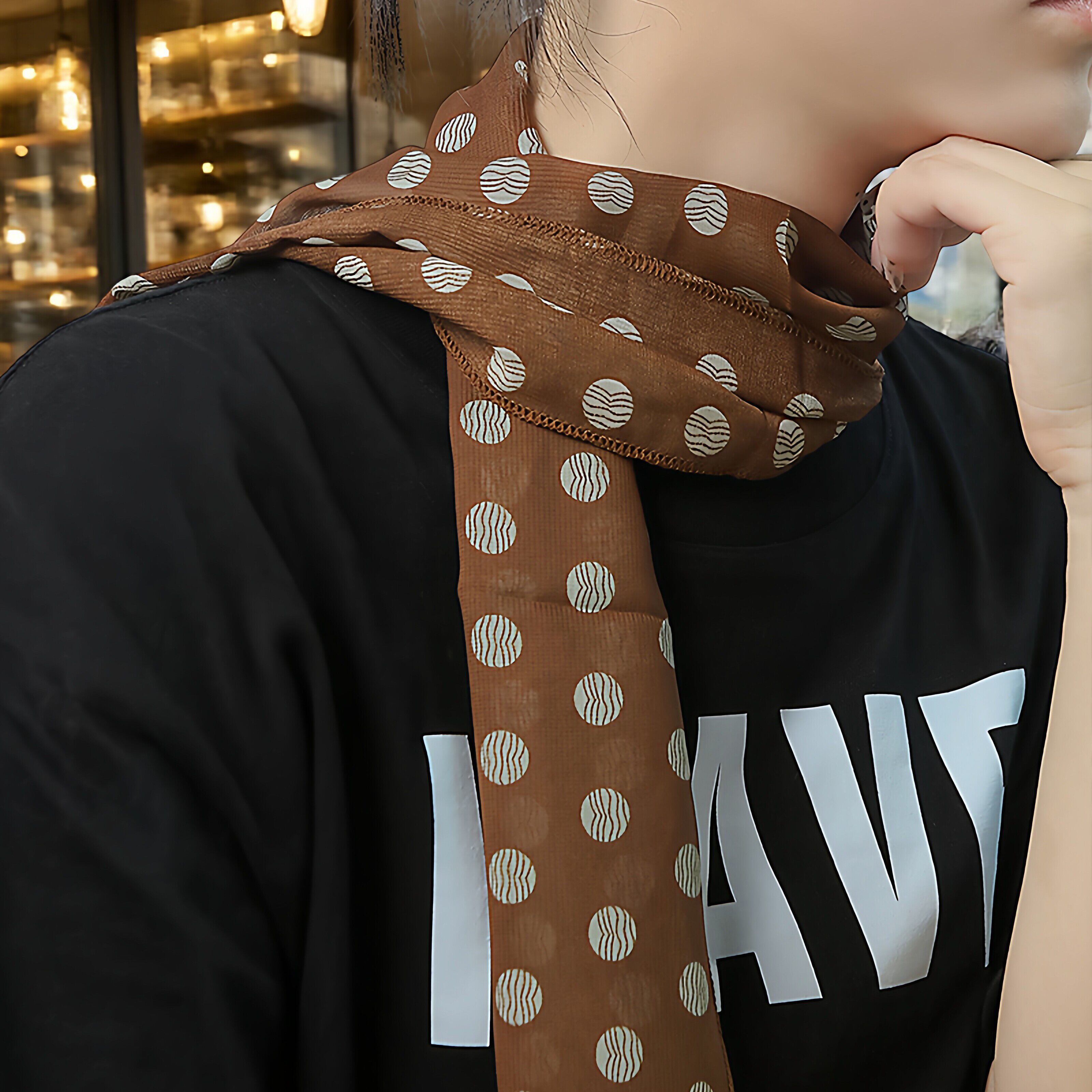 棕色波点丝巾印花高级百搭配饰系脖女2026年发带绑发长条围巾