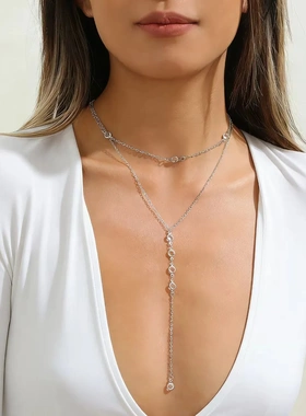 欧美跨境小众长款Y形项链女士 简约轻奢锆石时尚百搭吊坠锁骨饰品