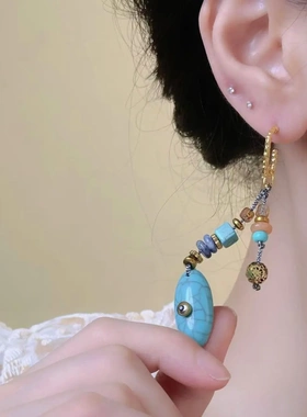 独特度假风彩色波西米亚手工编绳项链女小众高级绿松耳环毛衣链潮