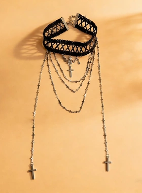 欧美跨境辣妹十字叠戴项链套装ins复古气质Vintage锁骨链现货