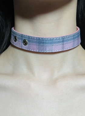正反两戴粉色加粗蓝灰色格子可爱迷人皮质choker项圈欧美跨境