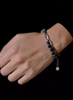 加格国潮复古嘻哈双层拼接设计感手链蓝色虎眼石原创小众男女配饰