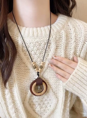 新中式禅意古铜羽毛项链女波西米亚民族风双层叠戴长款毛衣链配饰