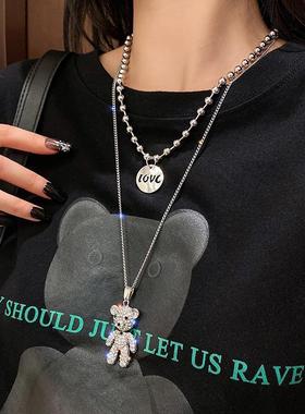 满钻双层小熊叠戴项链女夏ins潮锁骨链百搭简约个性小众长款配饰