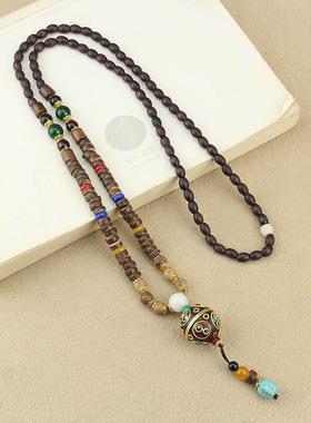 新中式民族风尼泊尔圆珠项链女异域风情复古木质串珠毛衣链配饰品