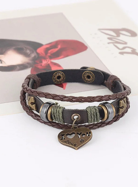 朋克皮手工编织手链男女学生简约百搭情侣个性可调节爱心Love手绳