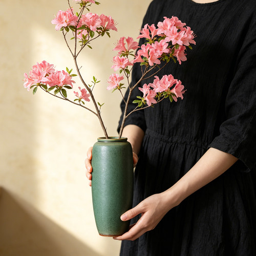 宋氏美学中古禅意复古影绿陶艺侘寂风玫瑰花瓶插花摆件客厅装饰品 - 图1