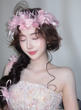 森系复古粉色花朵蝴蝶结新娘发箍