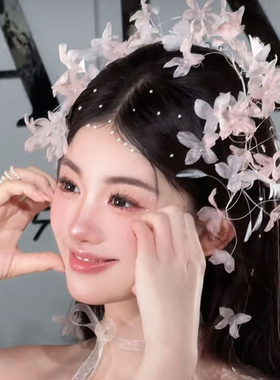 新款森系渐变粉色长尾花发箍