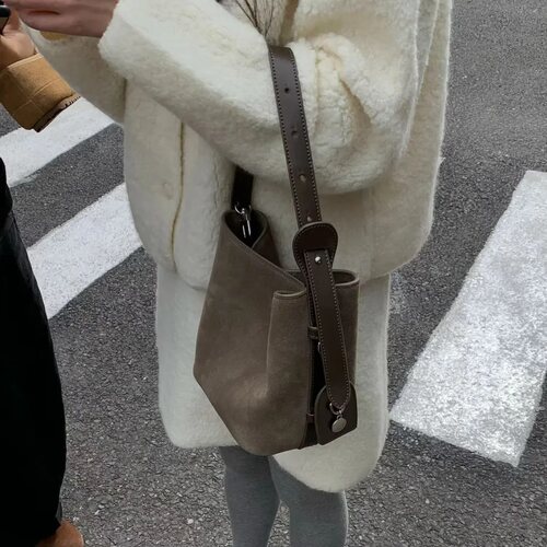 包包女2026新款秋冬真皮手提发财水桶包麂皮小斜挎子母包手拎包潮 - 图0