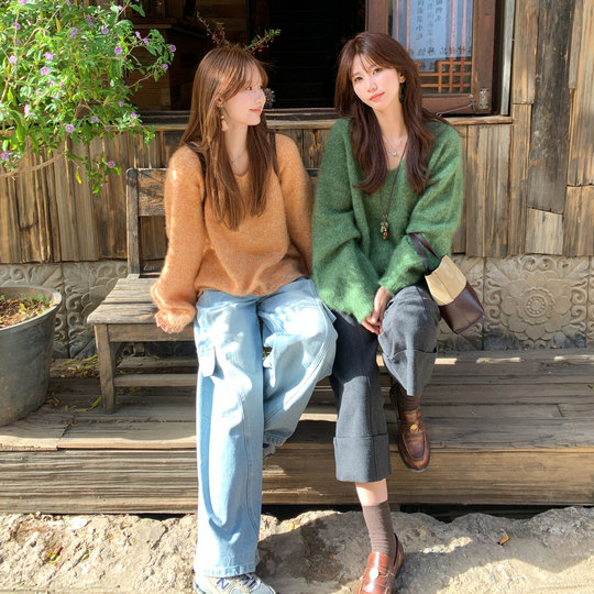 Berry likes you and likes bulky custom-made v-neck all-wool brushed soft and waxy sweater lazy loose slimming top