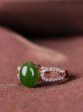 和田羊脂玉女款S925银玫瑰金镶碧玉时尚蛋面活口开口戒指礼物