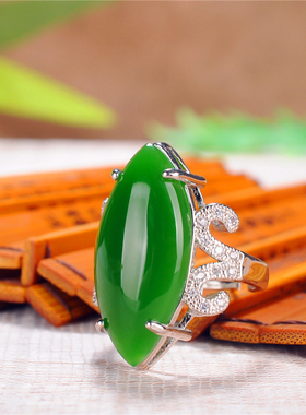玉器玉器新疆和田玉菠菜绿碧玉戒指女款S925银镶开口戒指