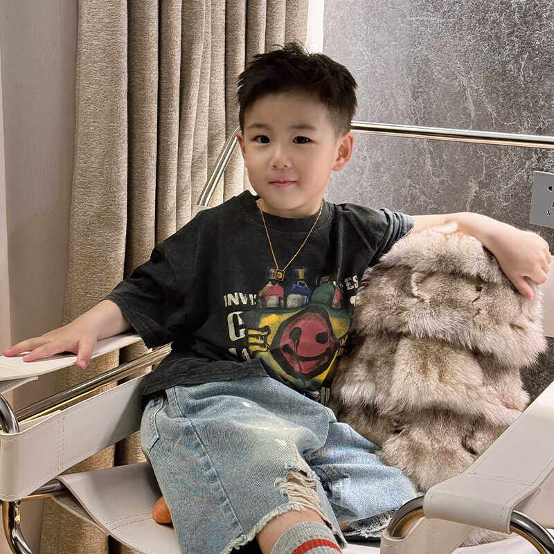 男童复古做旧涂鸦笑脸短袖T恤2025夏季新款儿童宽松半袖打底衫潮,淘宝优惠券,粉丝福利购,淘宝优惠卷