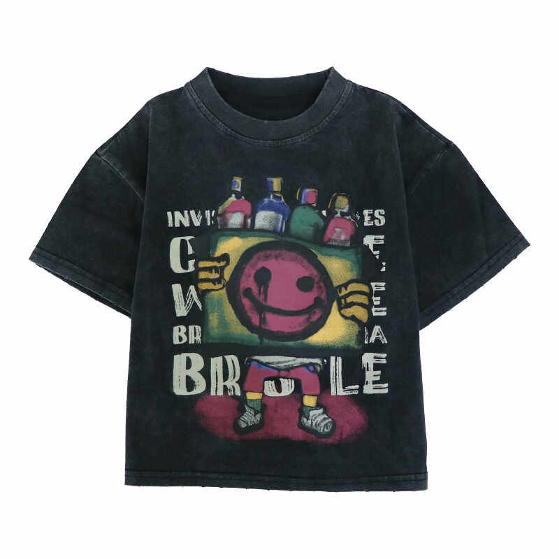 男童复古做旧涂鸦笑脸短袖T恤2025夏季新款儿童宽松半袖打底衫潮,淘宝优惠券,粉丝福利购,淘宝优惠卷