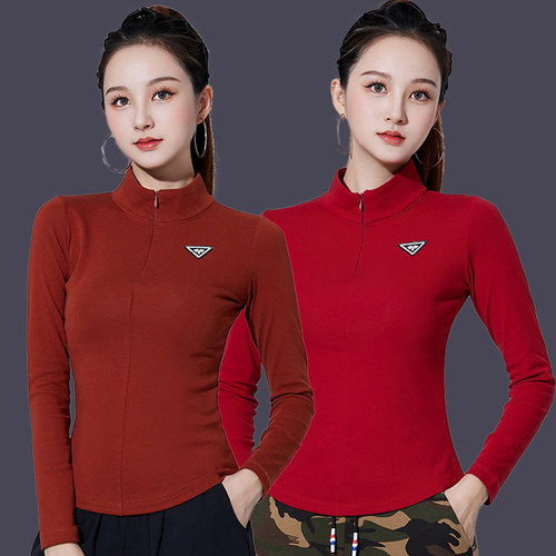 广场舞服装秋冬新款半拉链立领长袖上衣女舞蹈团体活动修身打底衫 - 图0