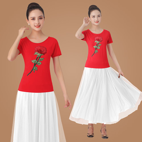 广场舞服装舞蹈演出服莫代尔短袖上衣网纱裙长裙裙子套装跳舞衣服 - 图2