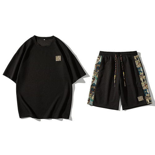 夏季新款华夫格透气大码套装男潮流百搭运动休闲短袖T短裤两件套 - 图2