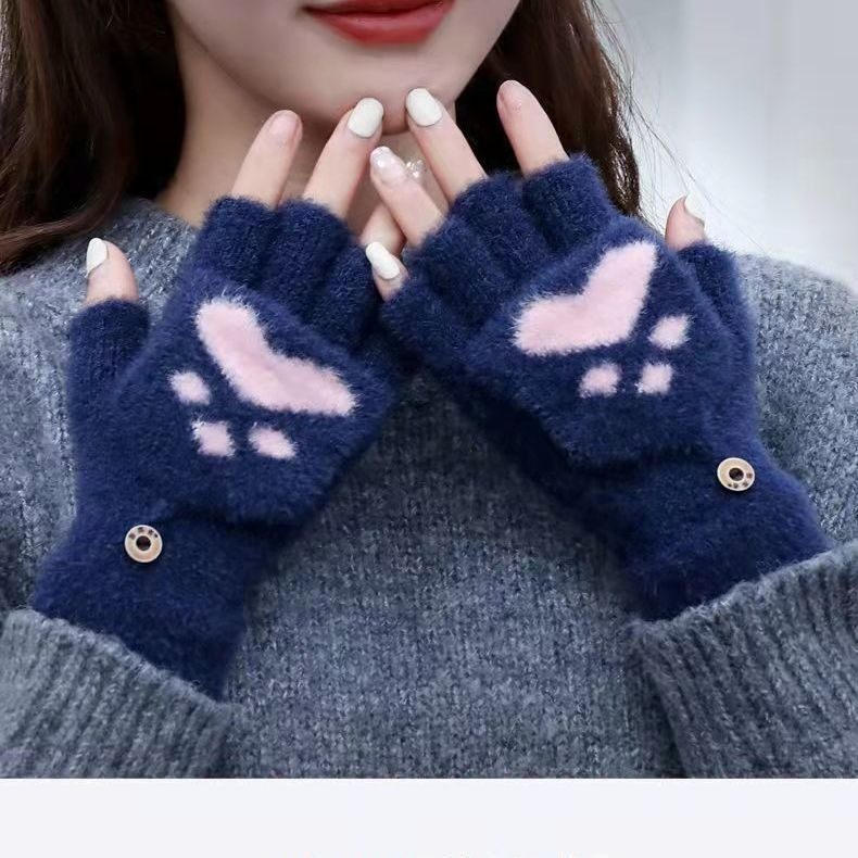 猫爪手套女冬天保暖加绒加厚学生潮写字骑行可爱针织半指翻盖手套,淘宝优惠券,粉丝福利购,淘宝优惠卷