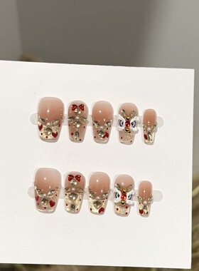 纯手工穿戴甲高级金色猫眼红色新年美甲片短款爱心醒狮假指甲贴片