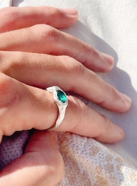 戒指高级祖母绿色锆石女纯银北欧