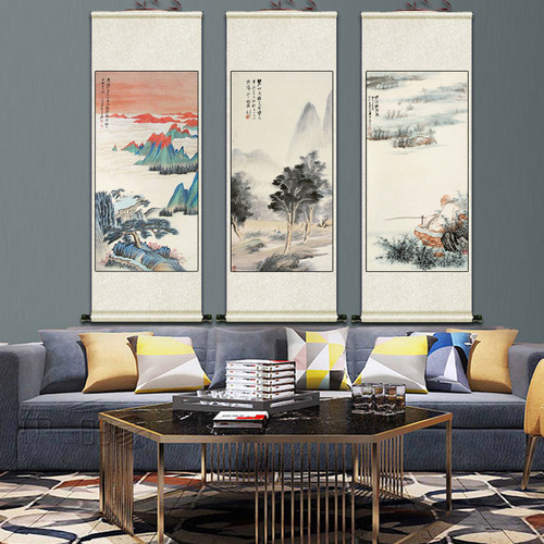 张大千山水画泛舟字画茶室酒楼装饰挂画名家丝绸礼品定制卷轴风水 - 图0