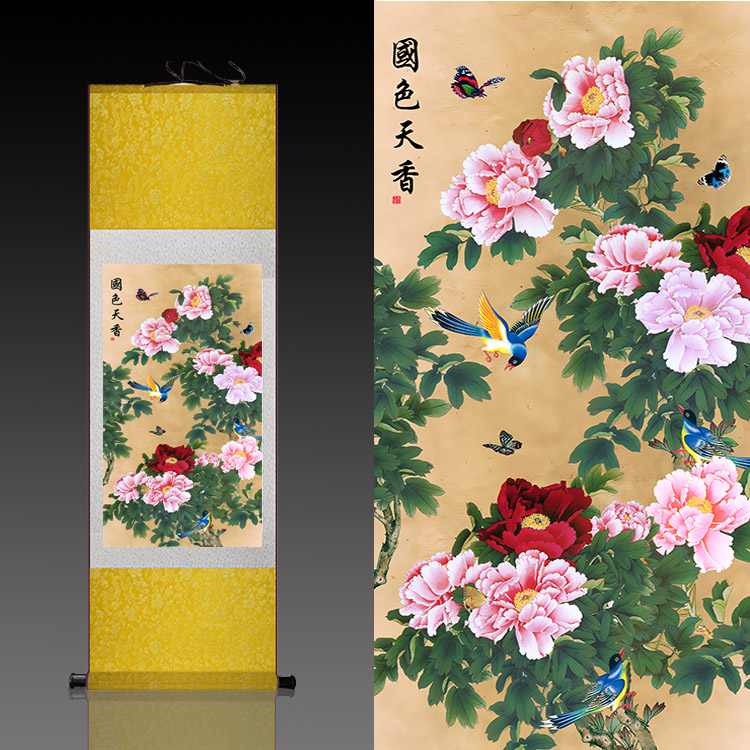 国色天香牡丹画丝绸画卷轴画已装裱可定制花鸟画客厅家居装饰画 - 图1