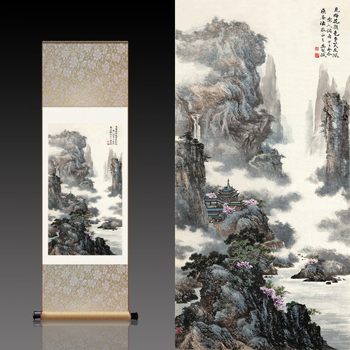 云山楼阁山水画国画宣纸丝绢画靠山图丝绸卷轴画仿古装饰画已装裱 - 图1