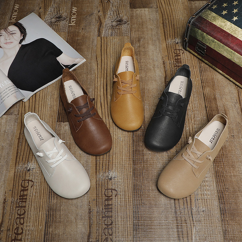 原创复古文艺真皮奶奶鞋女平底单鞋春秋百搭森女系鞋子圆头系带鞋,淘宝优惠券,粉丝福利购,淘宝优惠卷