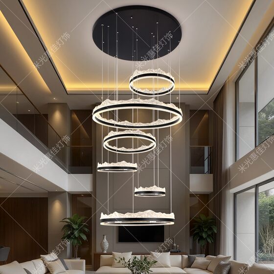 Large hollow staggered chandelier in the duplex building of the villa