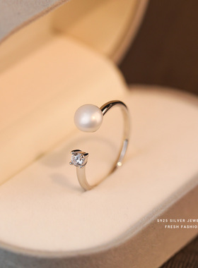 s925纯银天然珍珠闪指几何简约轻奢气质复古气质面包珠开口戒