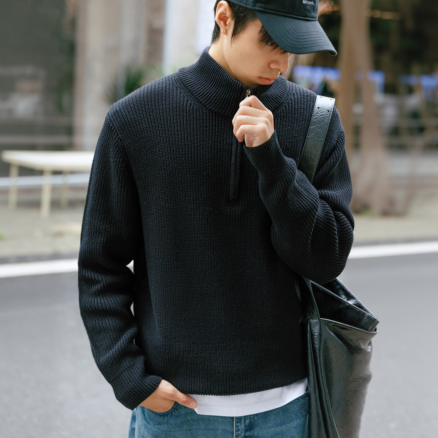 MRA男装 立领半拉链POLO针织衫毛衣落肩袖半高领套头开领卫衣秋冬 - 图0