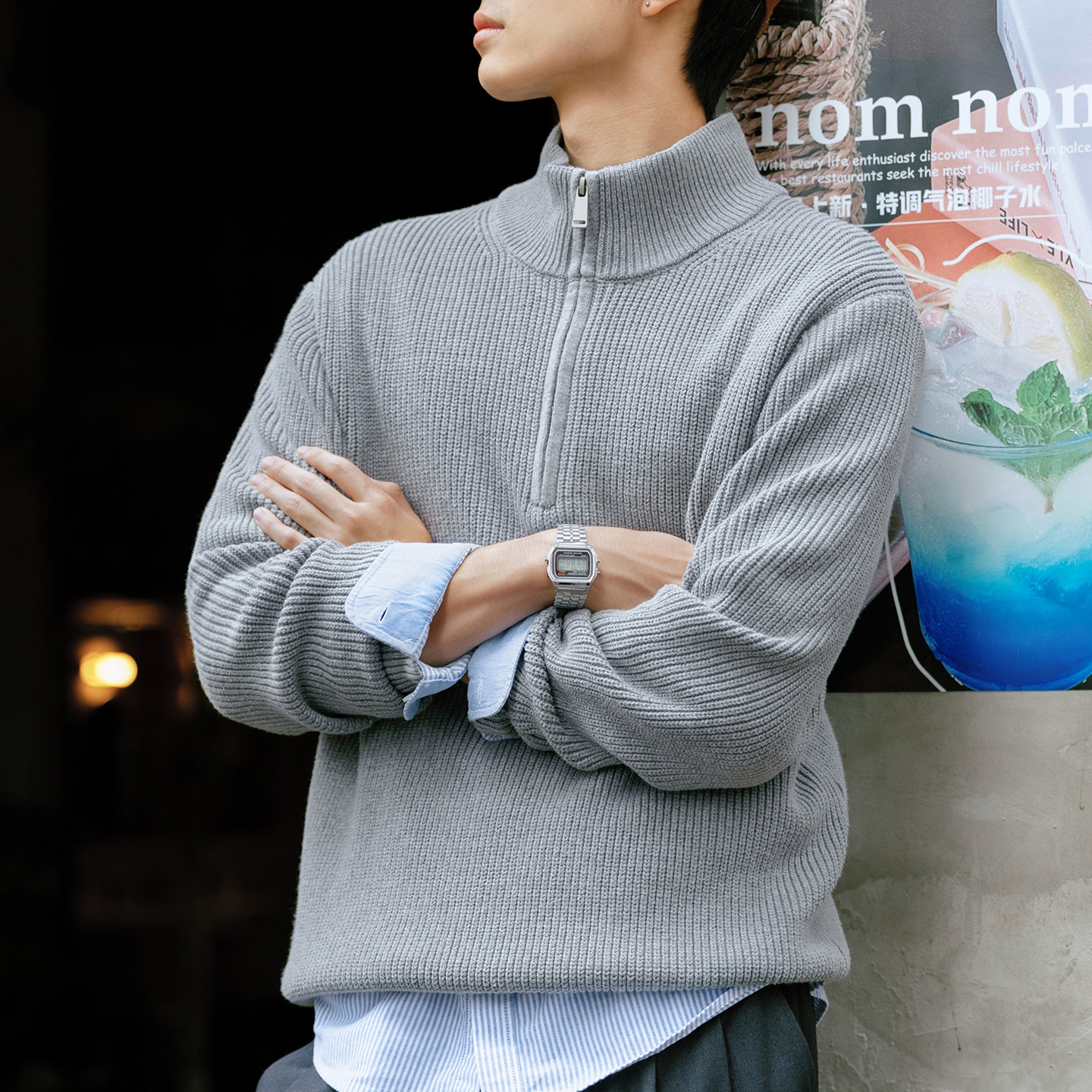 MRA男装 立领半拉链POLO针织衫毛衣落肩袖半高领套头开领卫衣秋冬 - 图1