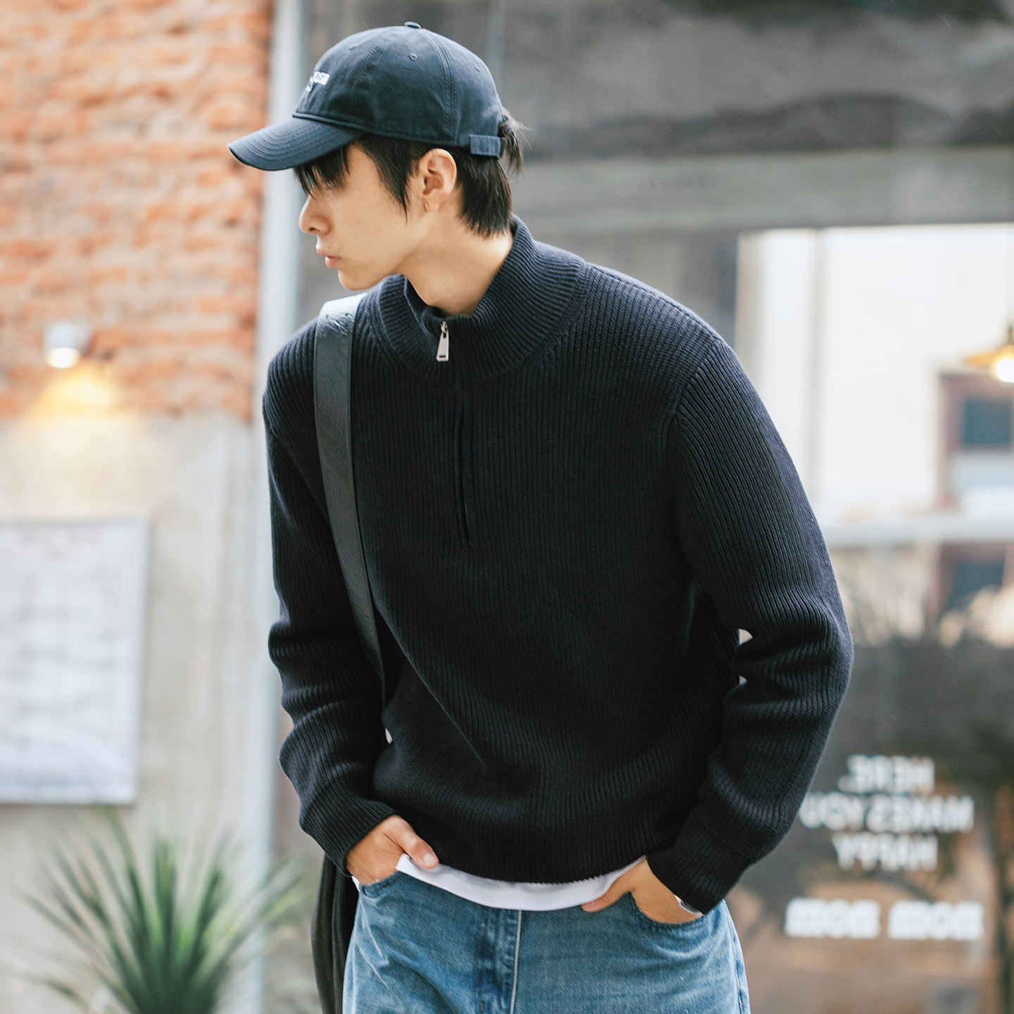 MRA男装 立领半拉链POLO针织衫毛衣落肩袖半高领套头开领卫衣秋冬 - 图3