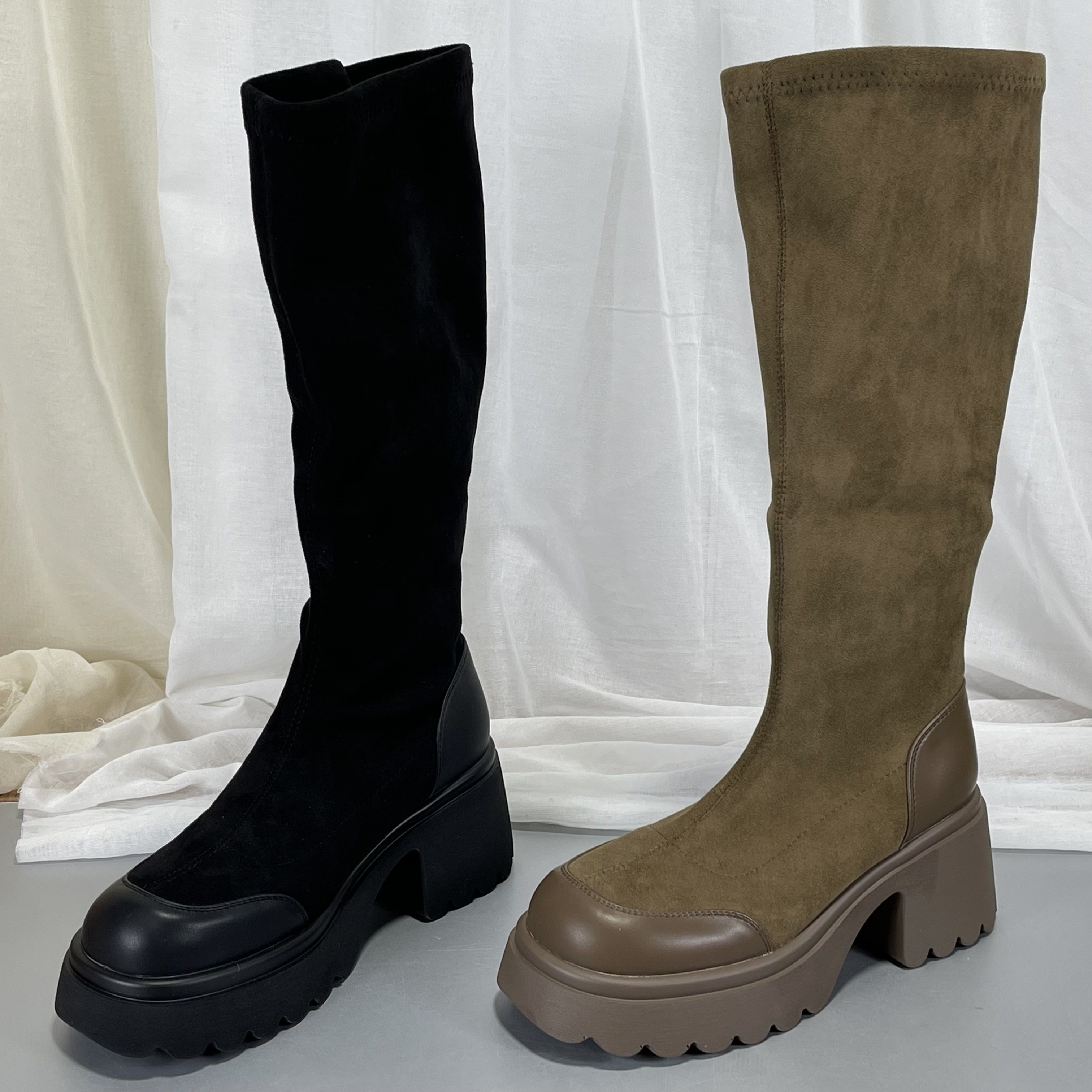 复古弹力羊反绒皮瘦瘦靴女2025冬季款保暖百搭厚底粗跟不过膝长靴,淘宝优惠券,粉丝福利购,淘宝优惠卷