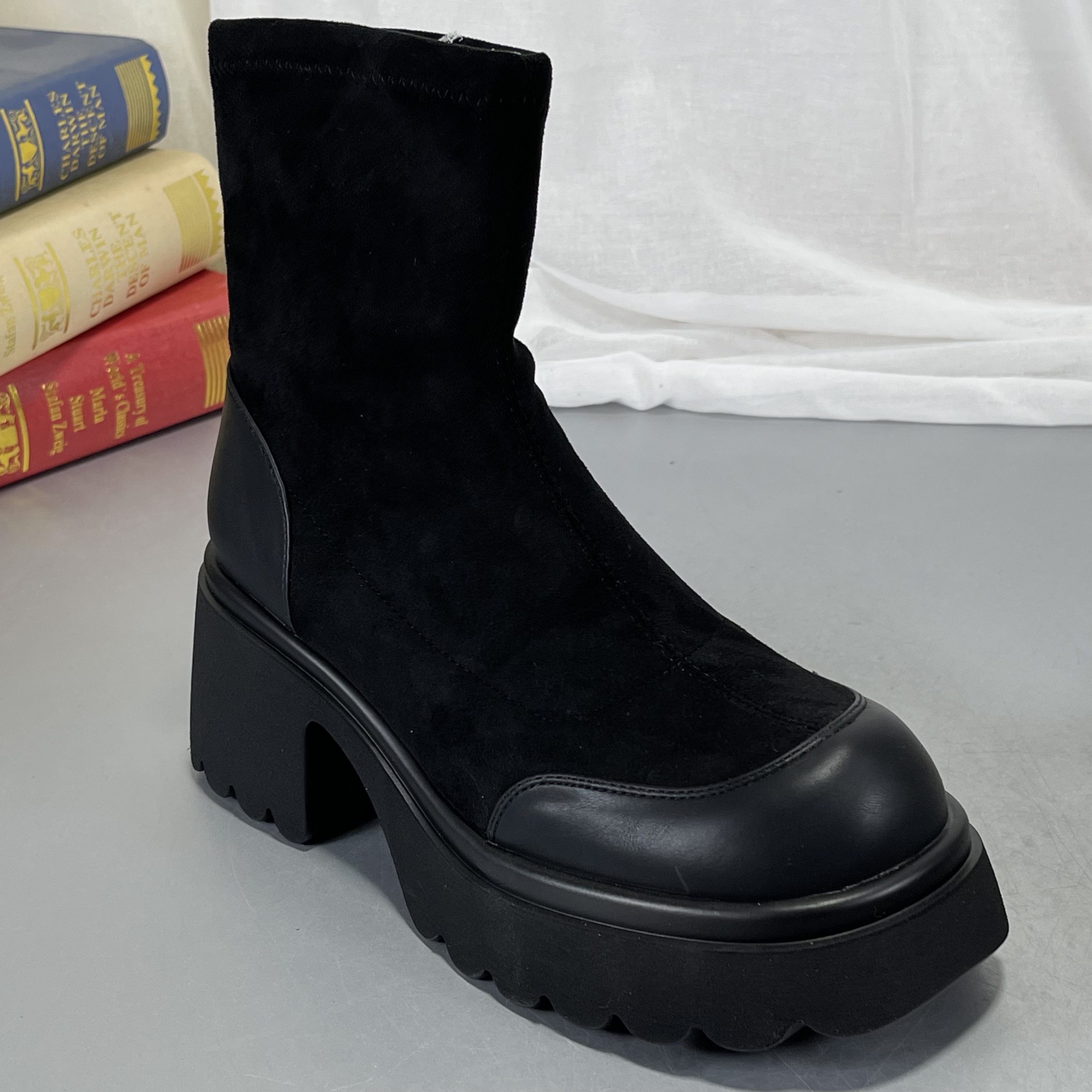 厚底真皮瘦瘦靴短靴女冬季新款女靴粗跟女鞋靴子加绒棕色弹力靴,淘宝优惠券,粉丝福利购,淘宝优惠卷