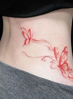 性感辣妹腰部手臂锁骨红色蝴蝶彩色纹身贴女防水持久