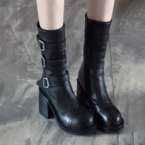 朋克黑色小个子高跟靴粗跟短靴女2025新款秋冬靴子显瘦中筒骑士靴 - 图1