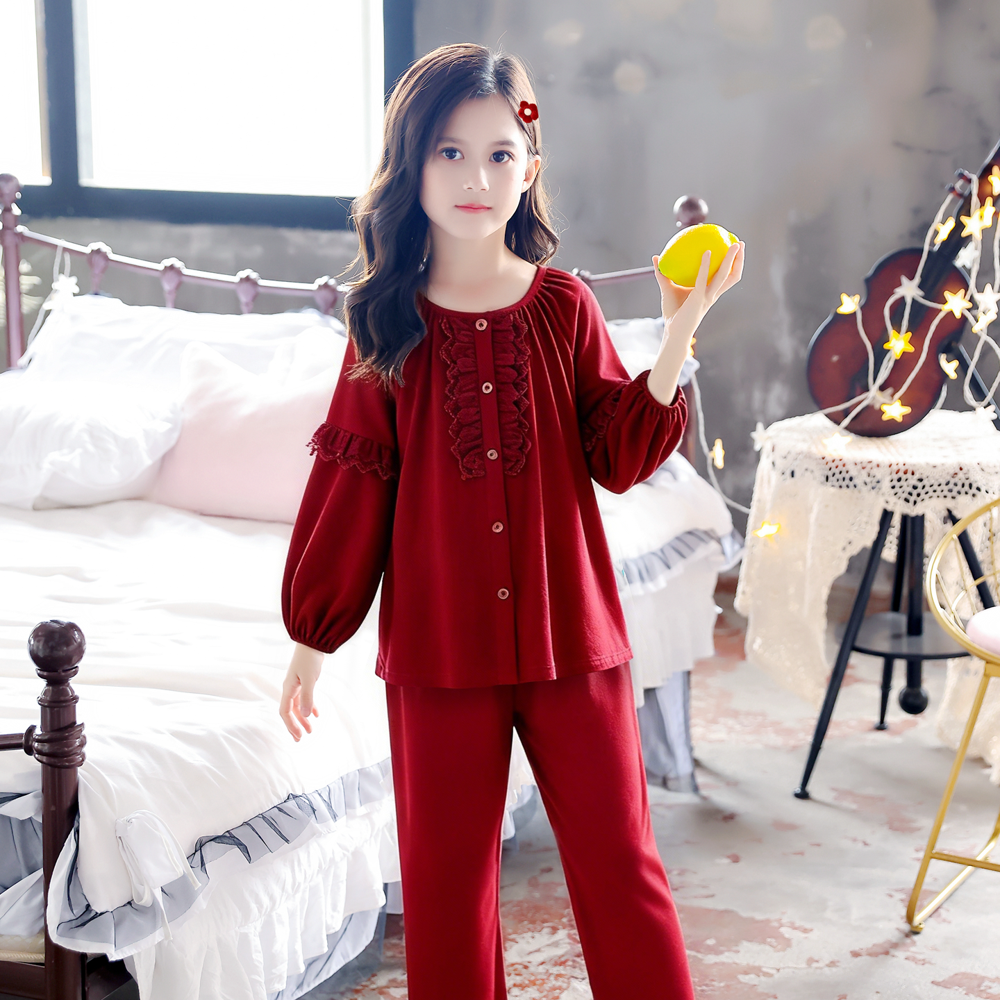 2026年新款红色睡衣女童纯棉长袖甜美蕾丝本命年套装家居服可外穿,淘宝优惠券,粉丝福利购,淘宝优惠卷