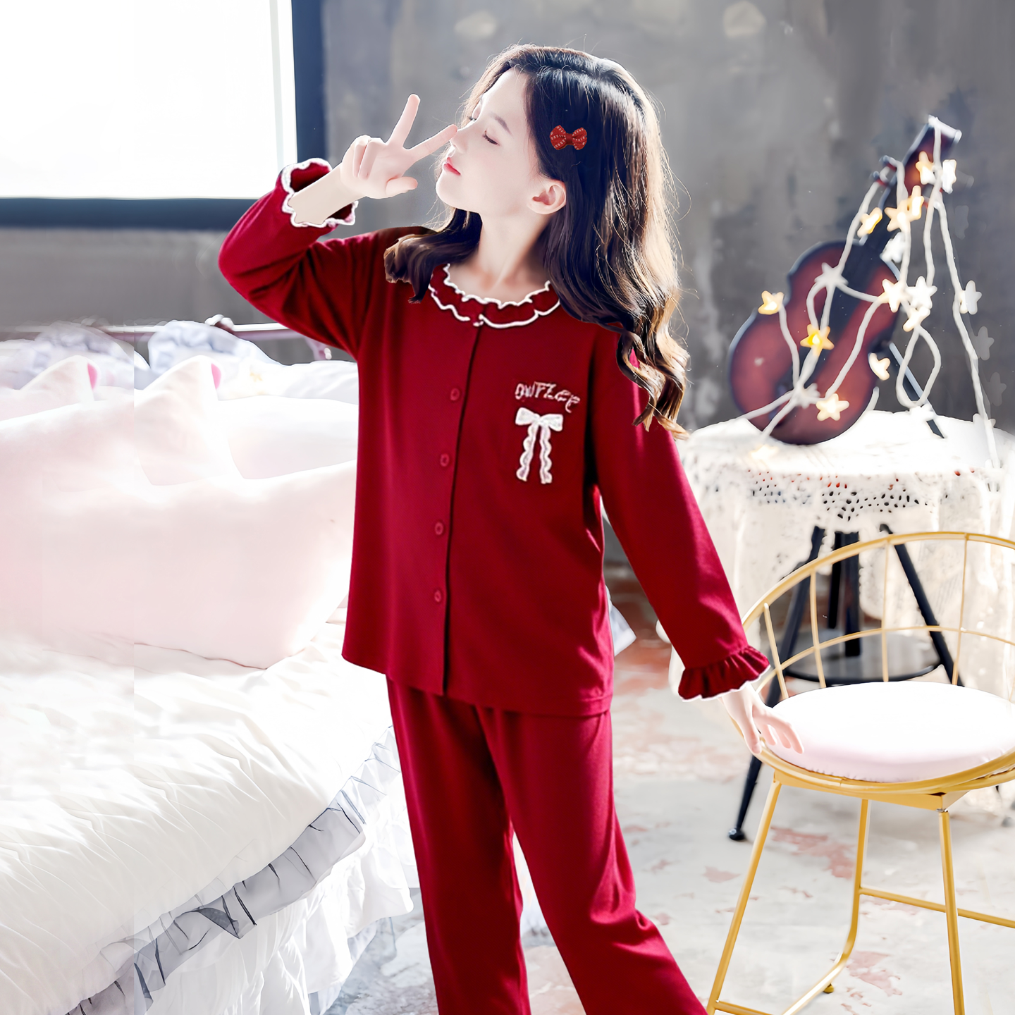 新中式女童纯棉长袖睡衣母女亲子装红色本命年春秋季家居服可外穿,淘宝优惠券,粉丝福利购,淘宝优惠卷