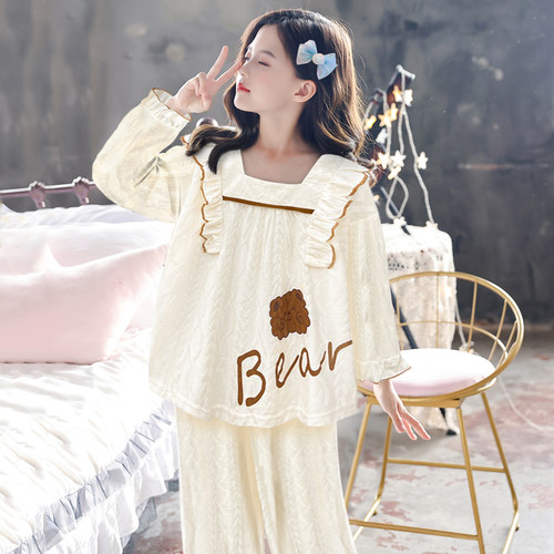 女童2023新款卡通睡衣长袖春秋款纯棉儿童公主风可外穿家居服套装 - 图1