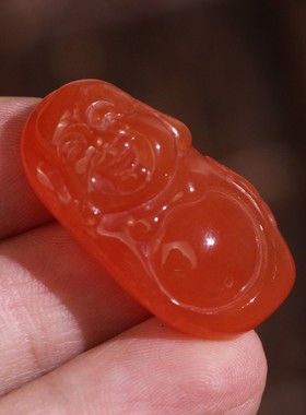 源饰界天然川料柿子红南红玛瑙佛公挂件背面巧雕荷叶玉石平安吉祥