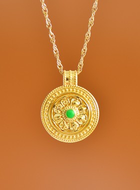 天然玉石s925银镀金镶和田玉白玉圆蛋面吊坠满圈镶钻简约时尚项链