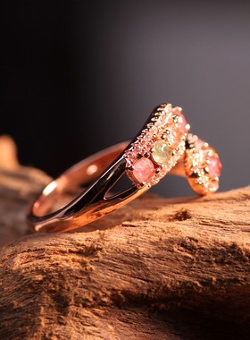 时尚女款糖果彩虹色碧玺开口戒指铜镶嵌活口指环女士同学朋友礼物