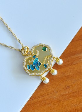 天然玉石s925银镀金2色选镶和田玉白玉如意锁珐琅新中式吊坠礼物